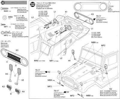 タミヤ CC-01ランドクルーザー40 組立説明書 ボディの部品取り付け