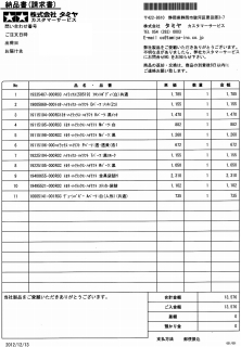 タミヤから届いたパーツのパーツの納品書